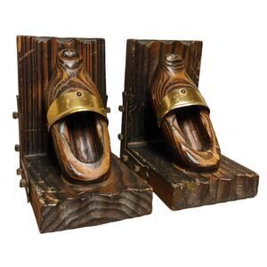 Vintage Wooden Clog Shoe Book Ends Shelf Supports Brass Accents Iron SpanishCore